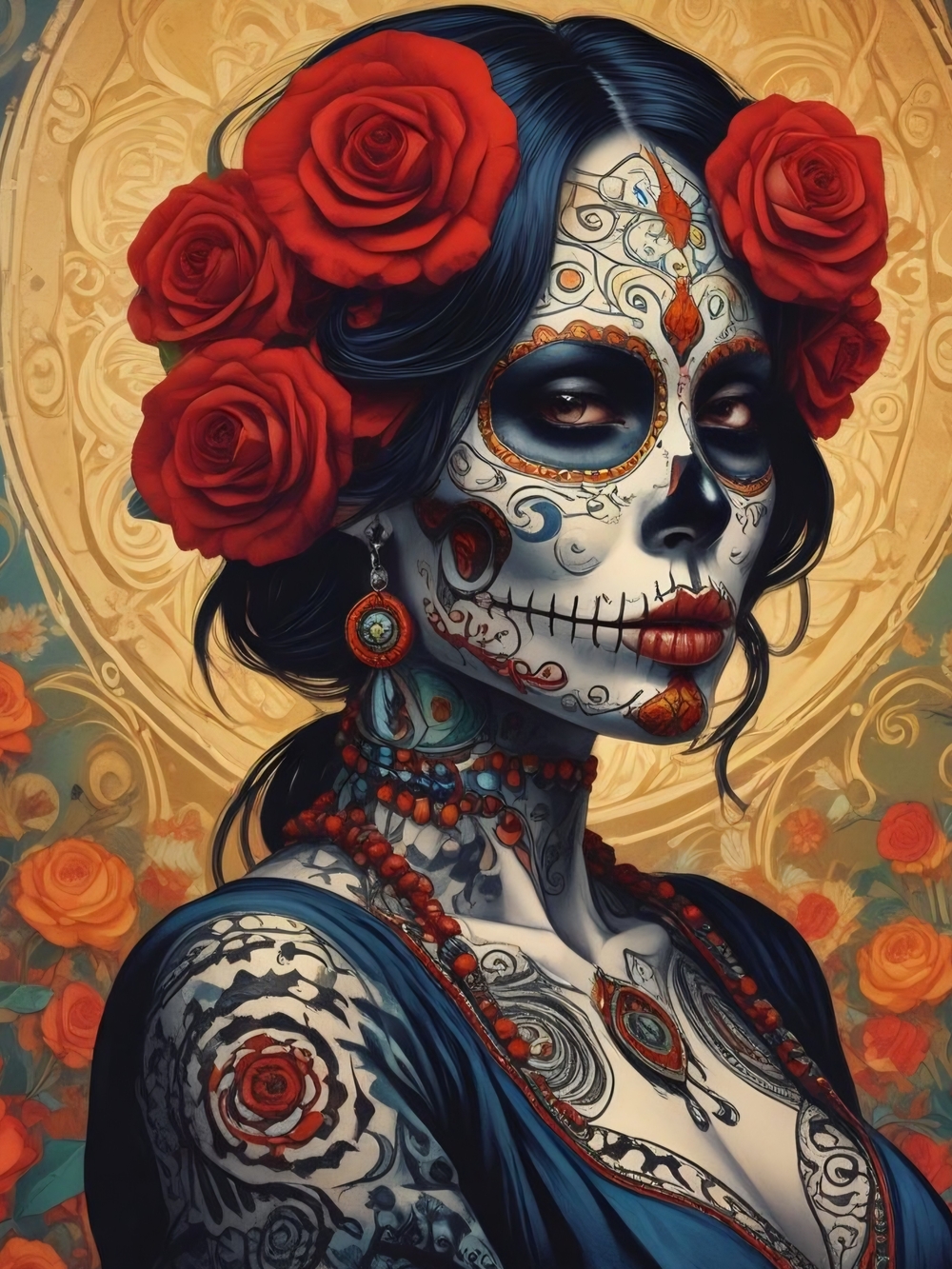 Floral Sugar Skull Art Print in Red & Blue